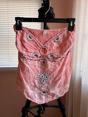 Free People Pink Embroidered Strapless Top